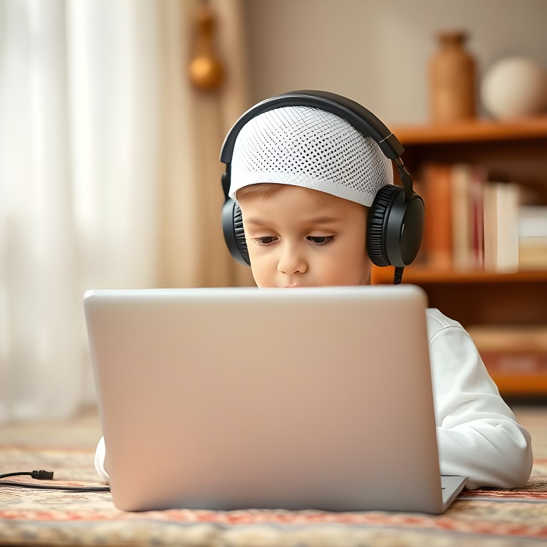 A Muslim kid wearing a white prayer cap and headphones, attentively learning Quran online through a laptop in a cozy home setting.