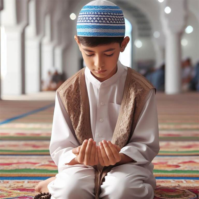 Muhammad Zayan, a 10-year-old Muslim boy wearing a traditional Islamic cap, sits in front of a laptop, attentively learning Islamic Studies and Daily Duas in an online one-on-one session. He is focused on his lesson while the teacher guides him through the screen. The study environment is peaceful, with an open Islamic studies book beside him