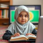 Ayesha Khalid, an 8-year-old Muslim girl wearing a hijab, sits in front of a laptop, attentively learning the Basic Noorani Qaida Course in an online one-on-one session. An open Noorani Qaida book is beside her, and she is focused on her lesson while the teacher guides her through the screen. The study environment is peaceful with soft lighting.