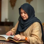 Fatima Noor, a Muslim woman wearing a hijab, sits in front of a laptop, attentively learning Quran with Tajweed in an online one-on-one session. An open Quran is beside her, and she is focused on her recitation while the teacher guides her through the screen. The setting is a peaceful study environment with soft lighting